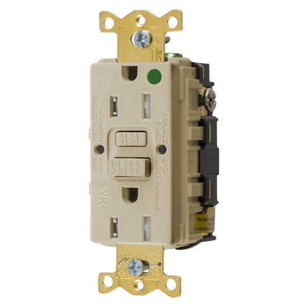 Bryant GFCI Receptacle, Self Test, Tmpr and Wthr Resistant, 15A 125V, 2-Pole 3- Wire Grndng, 5-15R, Ivory GFST82ITR